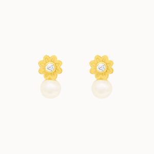 Aretes en oro amarillo de 18K flor con perla